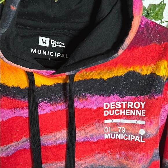 MUNICIPAL HOODIE Bold Red and Orange Crewneck Sweater with Distressed Look - Picture 2 of 3